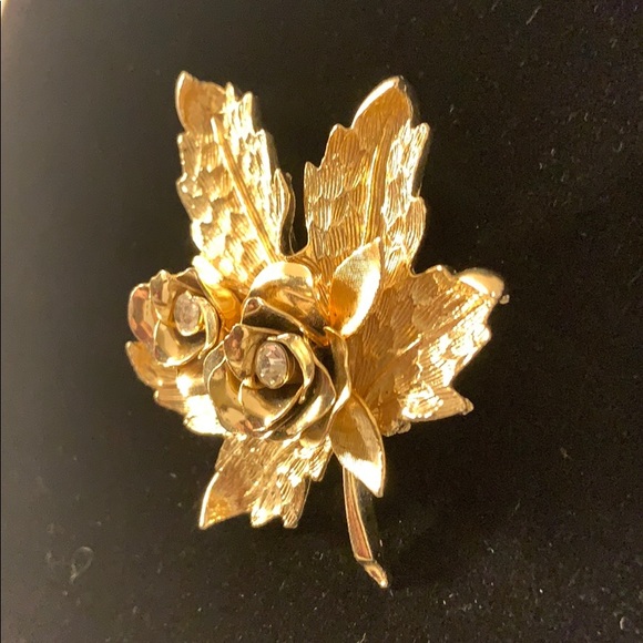 Vintage 1950’s Pin Brooch Leaf Floral Rhinestone - Picture 3 of 7